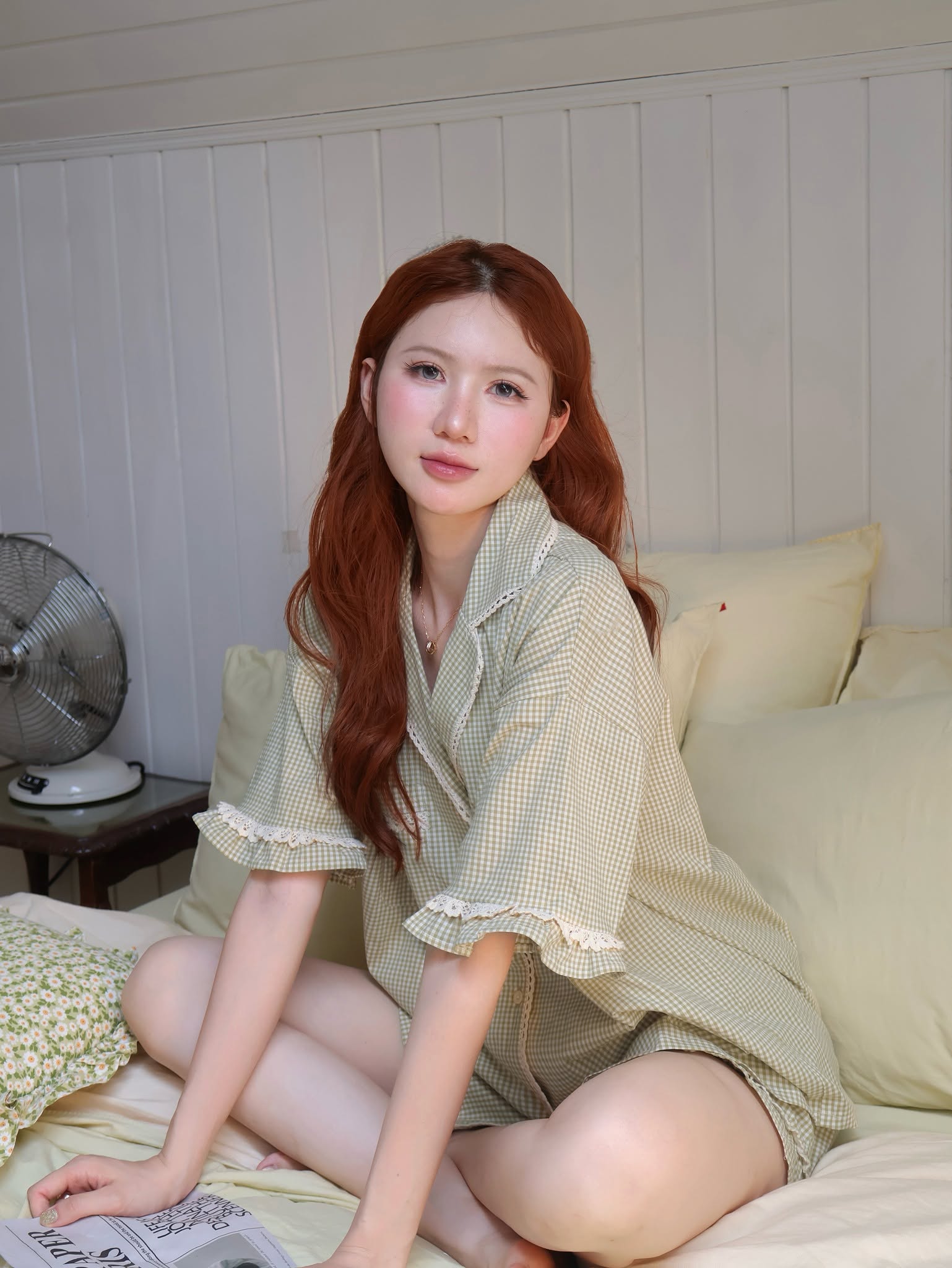 ANNE SET – Bộ đồ ngủ gingham xanh viền ren